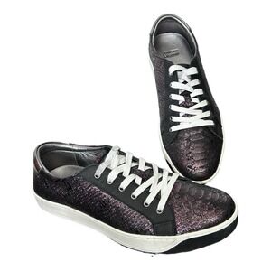 JOHNSTON & MURPHY Metallic Leather Sneakers 9M Black Purple Snake Print Lace Up